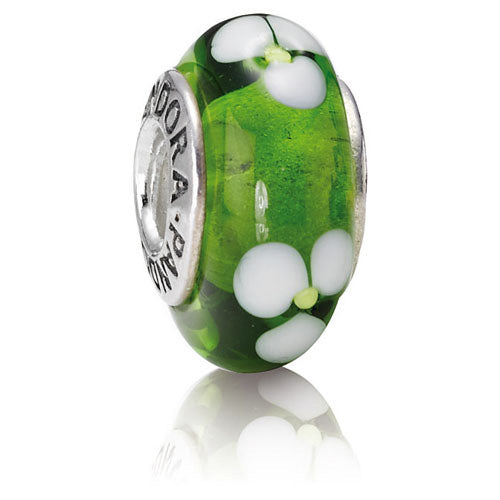 Pandora Murano Glas Grøn Med Hvide Blomster Charm